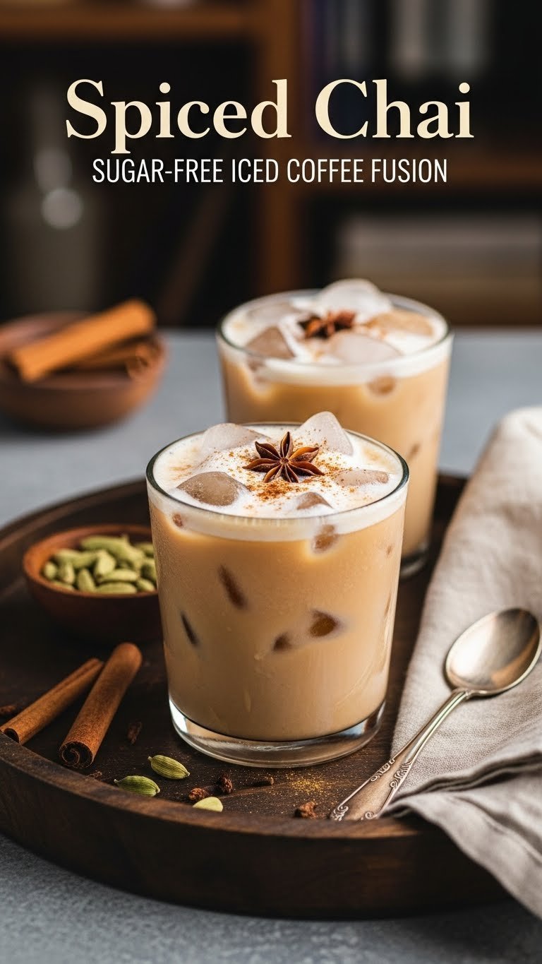 Spiced chai sugar-free iced coffee fusion with cardamom, star anise, and frothy milk on dark rustic tray.