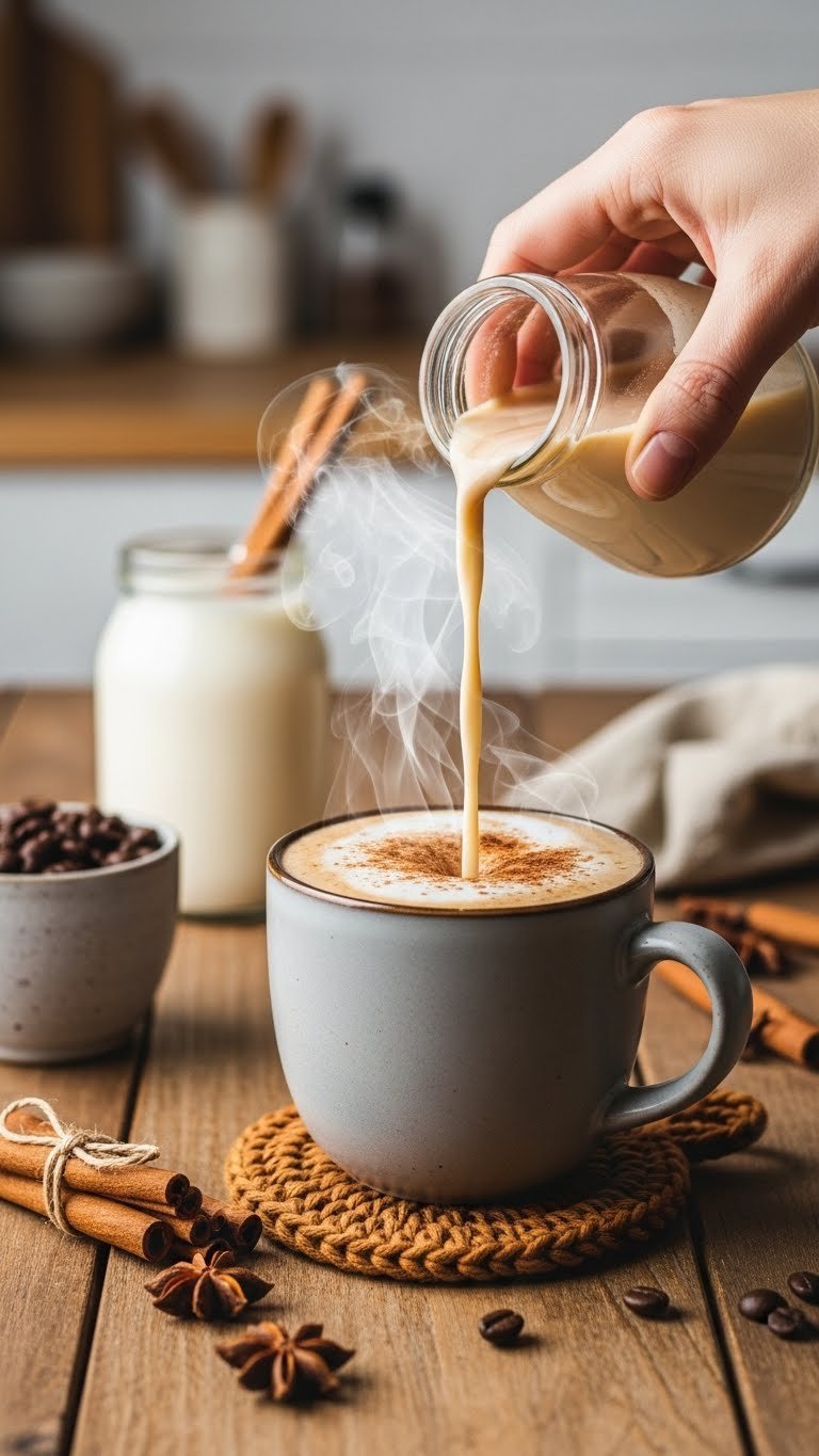 Spiced cinnamon keto coffee creamer with almond milk being poured into coffee mug with cinnamon dust on rustic wooden table