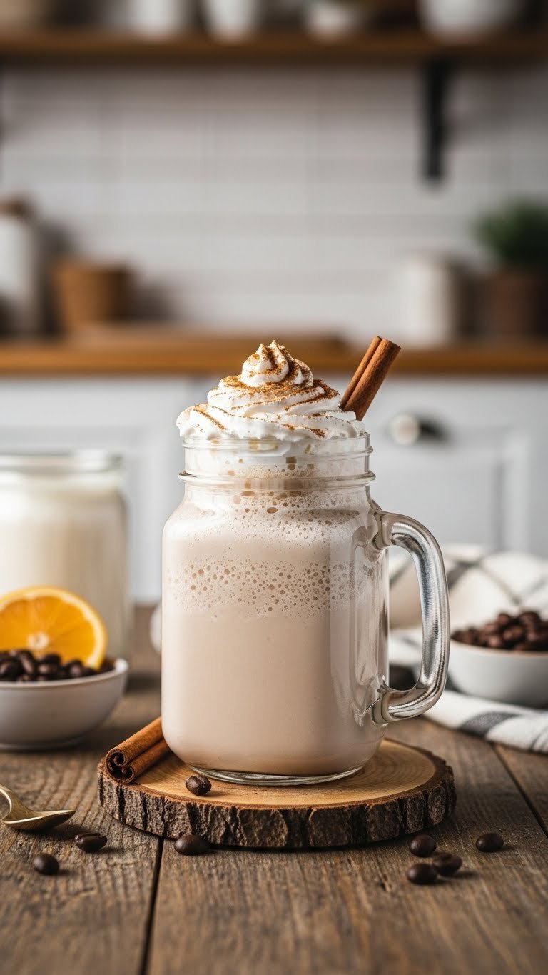 Spiced cinnamon roll protein frappe with dairy-free whipped cream and cinnamon on a rustic wooden table, a cozy healthy drink.