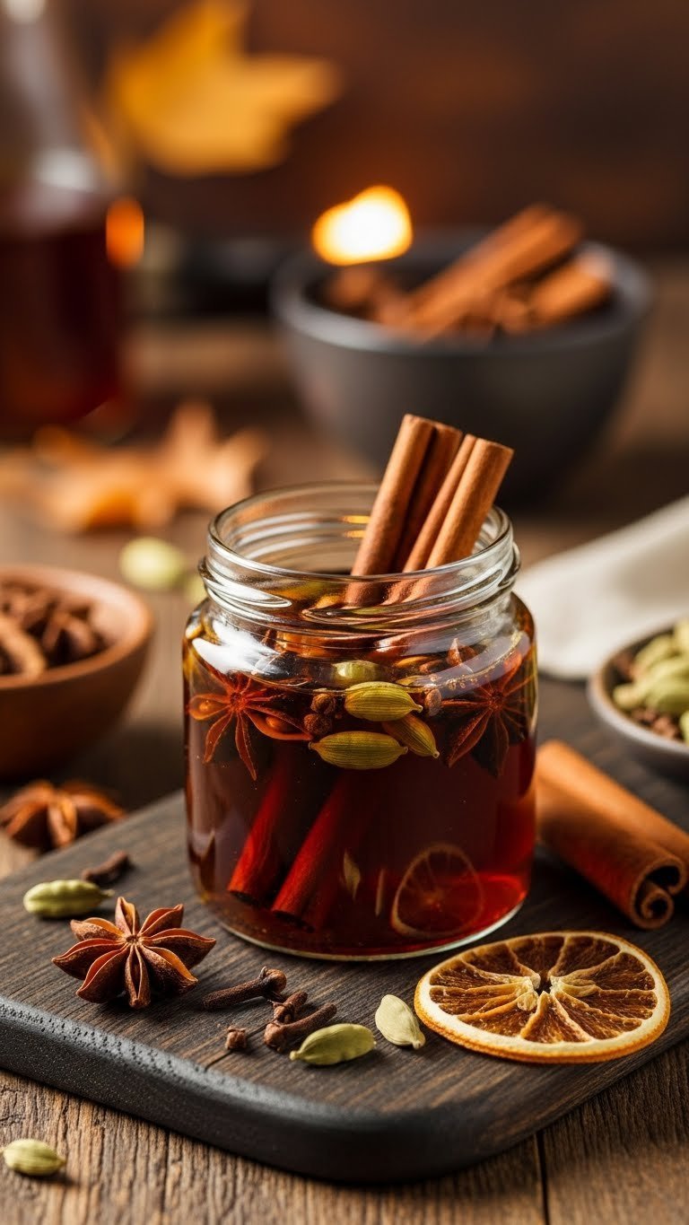 Spiced cinnamon syrup jar with star anise and cloves infusing on dark wooden board with autumn leaves.