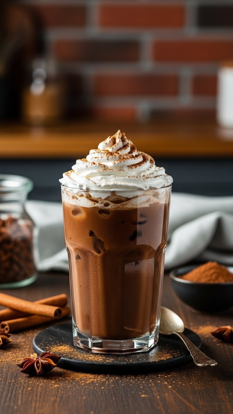 Spiced keto iced mocha with whipped cream and cocoa powder on dark wooden surface