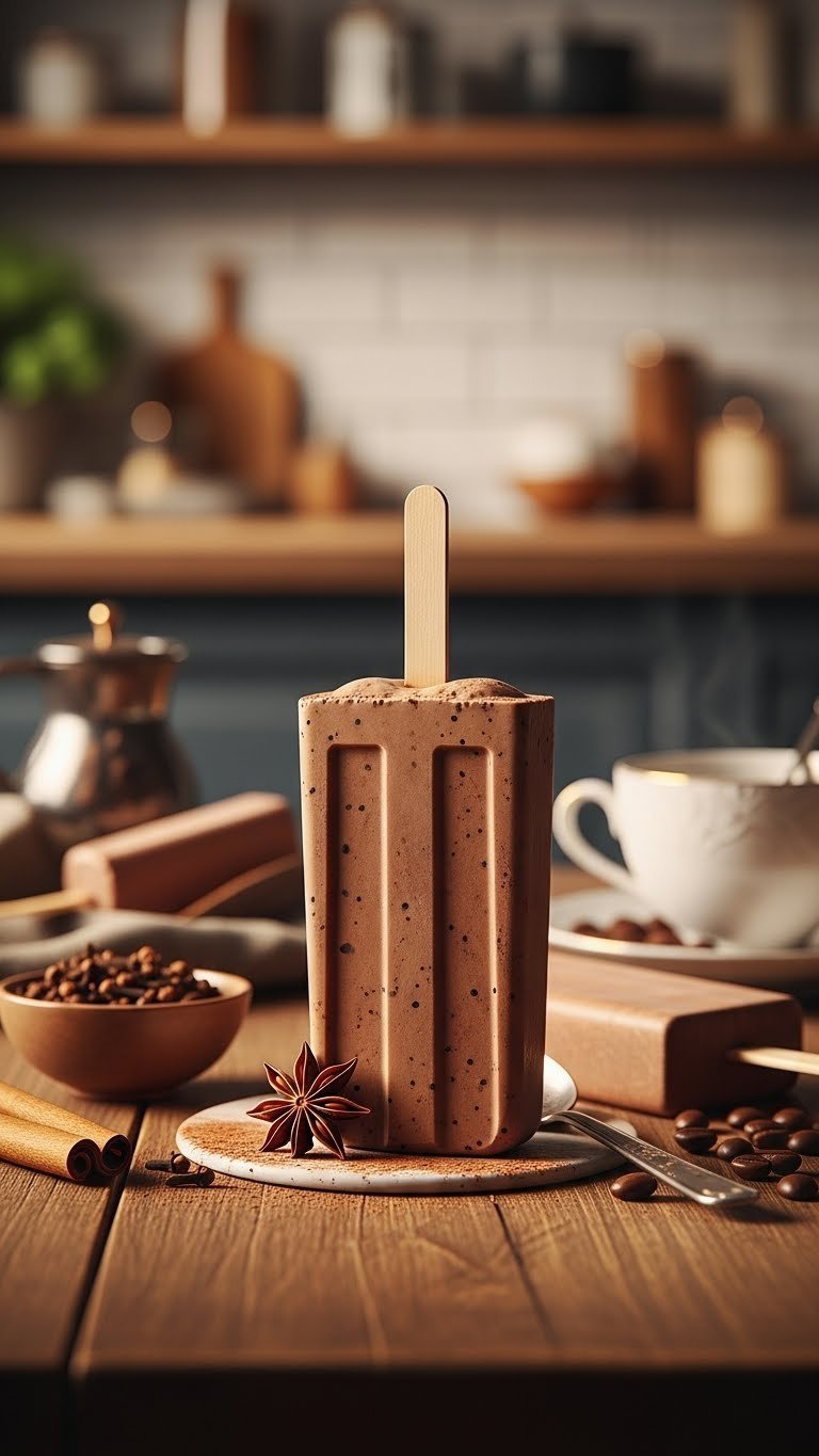Spiced mocha keto pops with warm spices and rustic wooden table setting