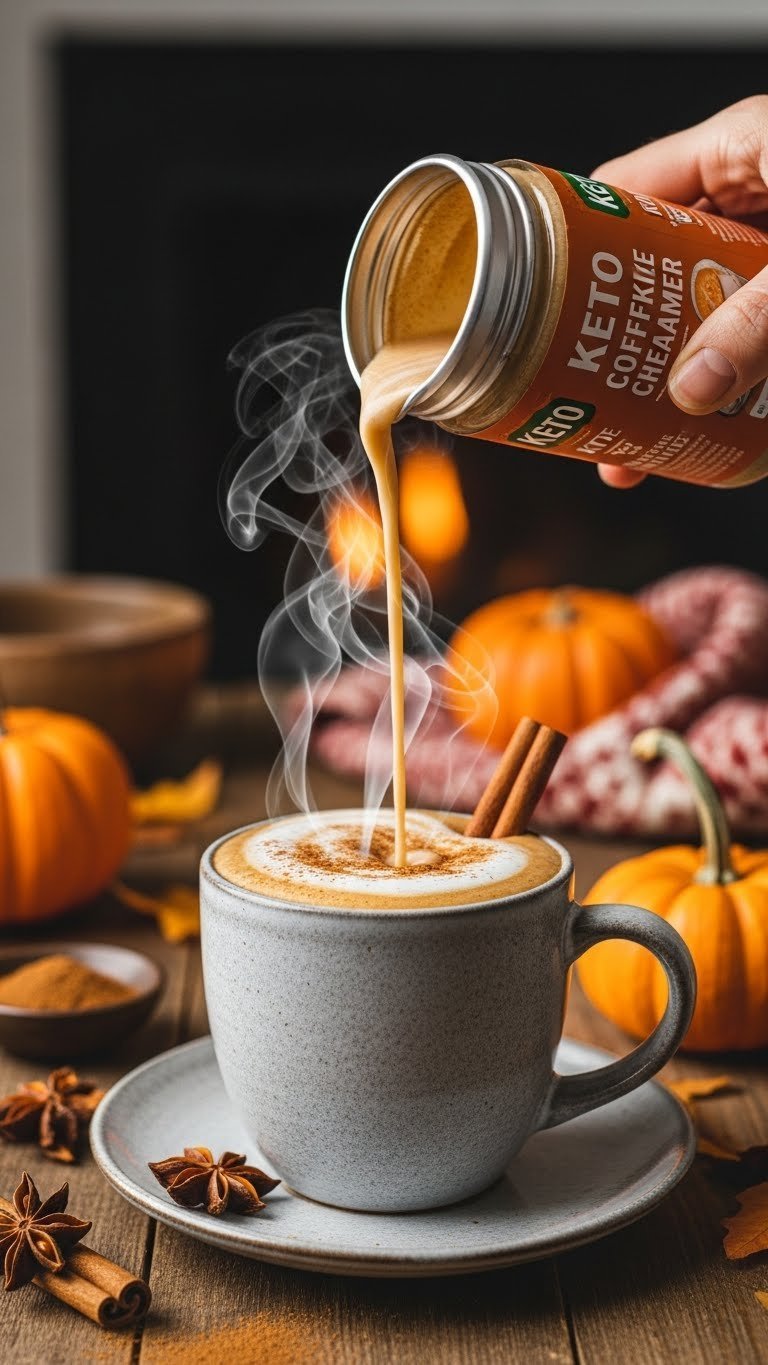 Spiced pumpkin keto coffee creamer poured into steaming coffee with cinnamon dusting on worn wooden table