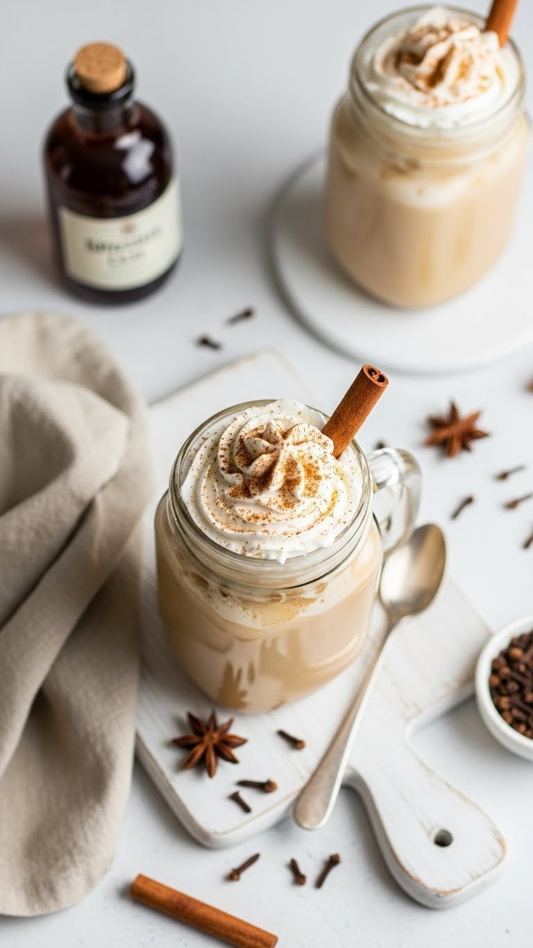 Whipped Coffee Cocktail Recipe With Proven Fluffy Texture 5 Spiced rum whipped coffee cocktail in rustic mason jar with cinnamon stick garnish on white-washed wooden board