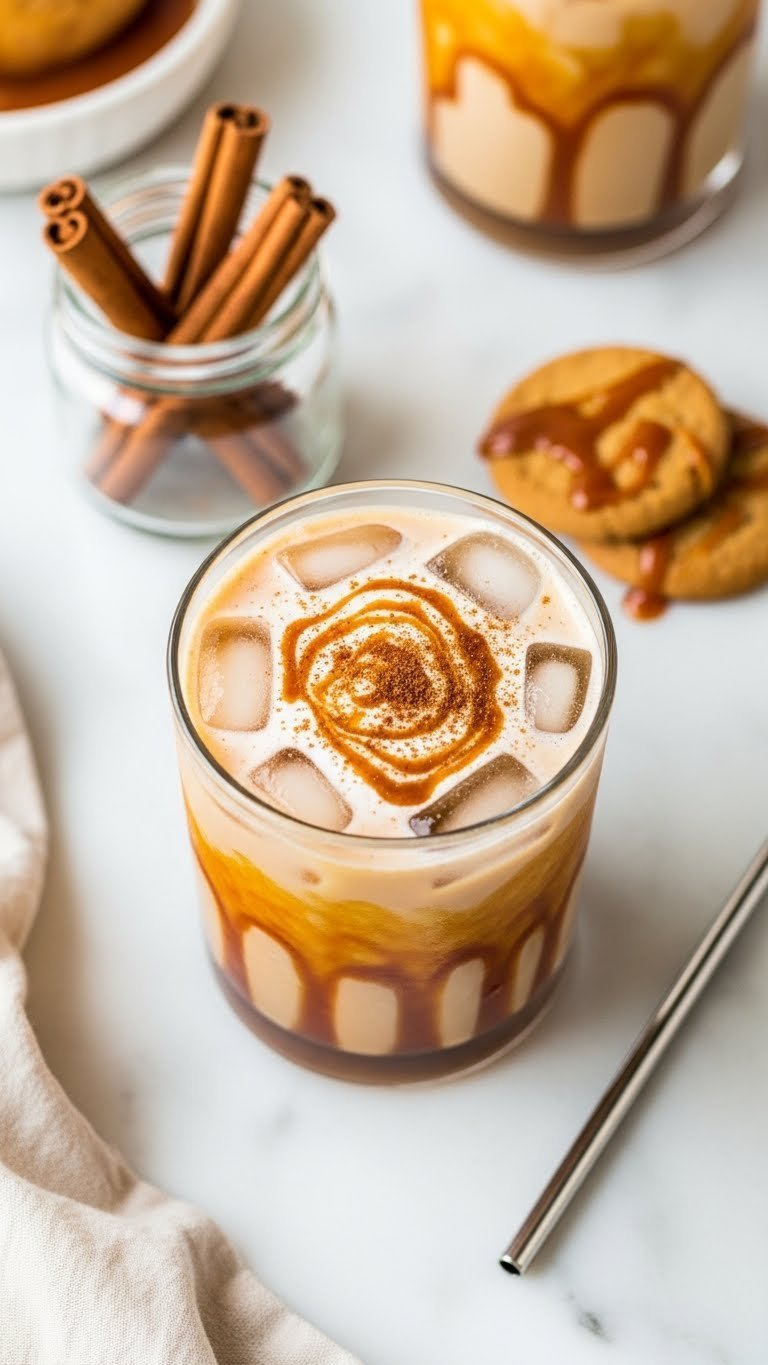 Spicy caramel instant iced coffee with cinnamon dusting and caramel swirls in clear glass on marble surface