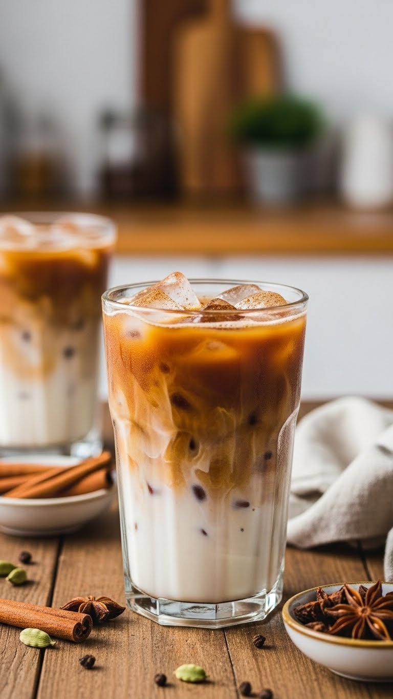 Spicy chai iced latte in tall glass with layered tea, milk, and cinnamon dusting on rustic wooden table
