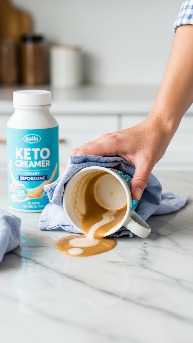 Spilled coffee cup with separated keto creamer being wiped on white tablecloth kitchen mishap scene