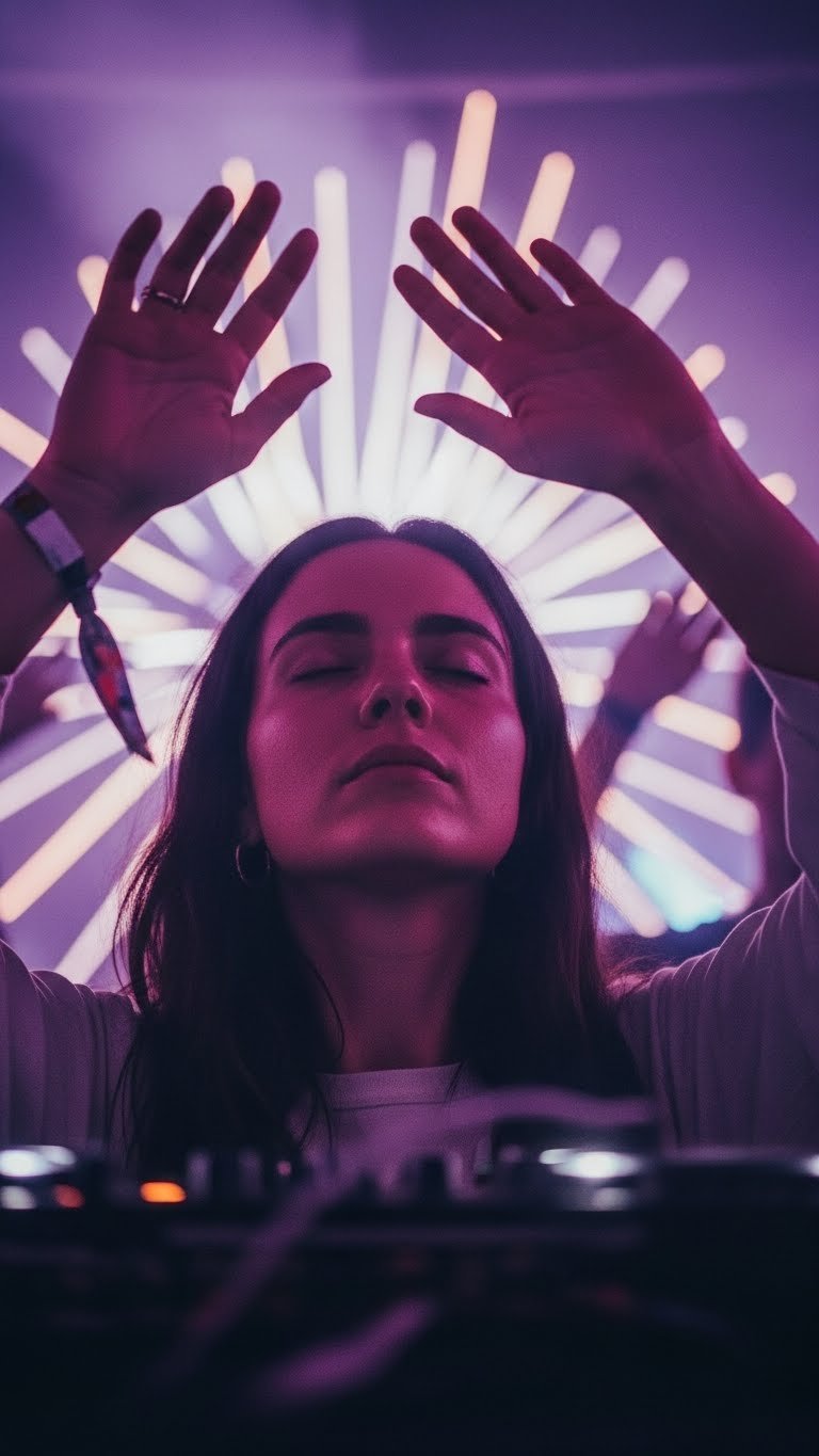 Spiritual dance experience with person in transcendent pose enveloped by soft purple lighting