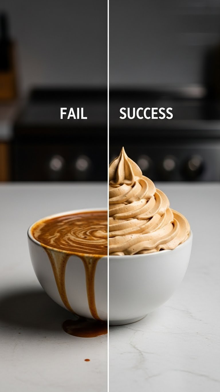 Vietnamese Whipped Coffee Easy Authentic Recipe Guide 13 Split image contrasting runny whipped coffee failure with perfect stiff-peaked whipped coffee foam success on a counter.