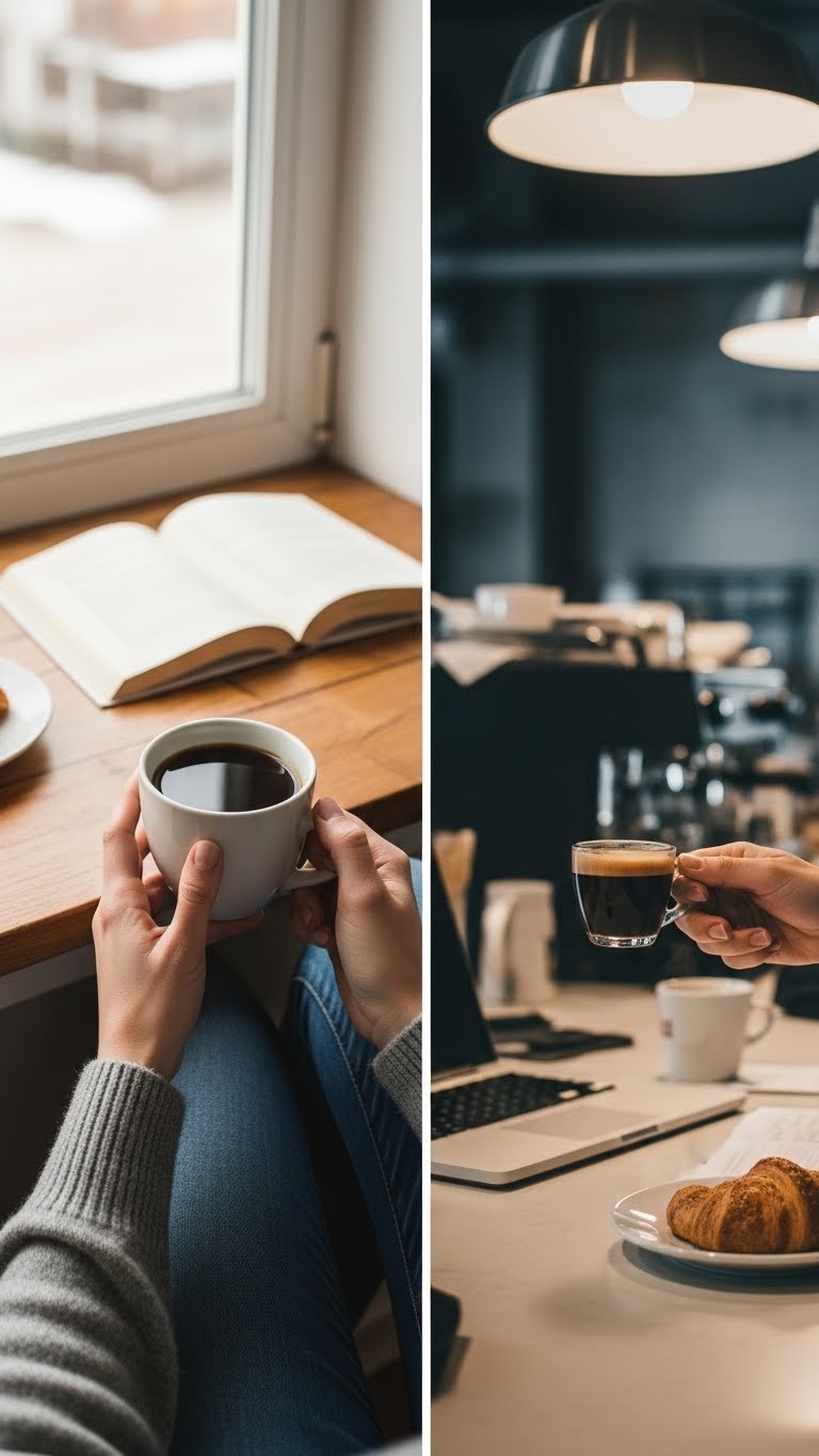 Split image showing relaxed morning coffee mug scene contrasted with quick espresso grab in busy cafe setting.