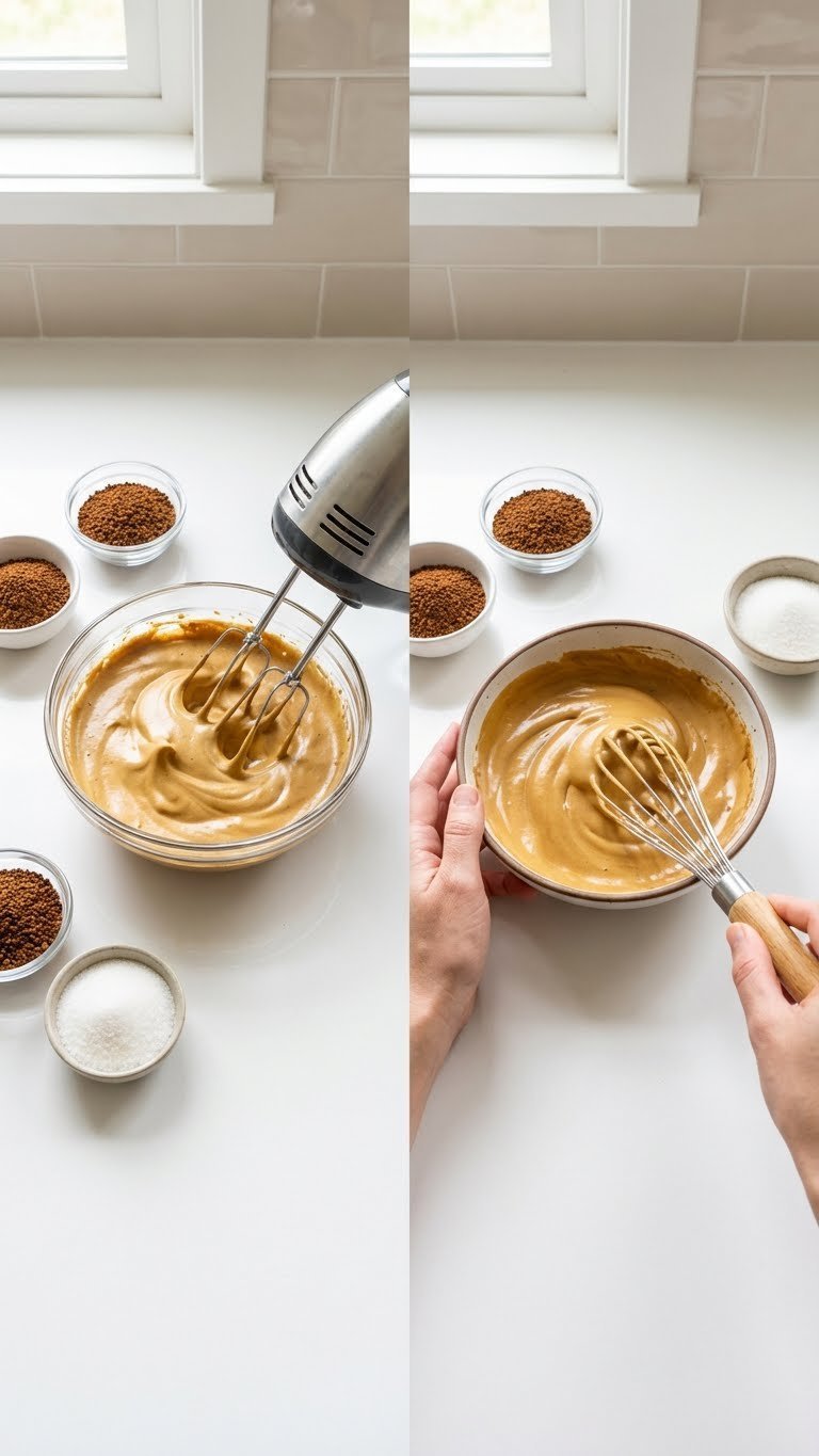 Split-screen comparison showing electric mixer and hand whisk methods for making fluffy whipped coffee peaks