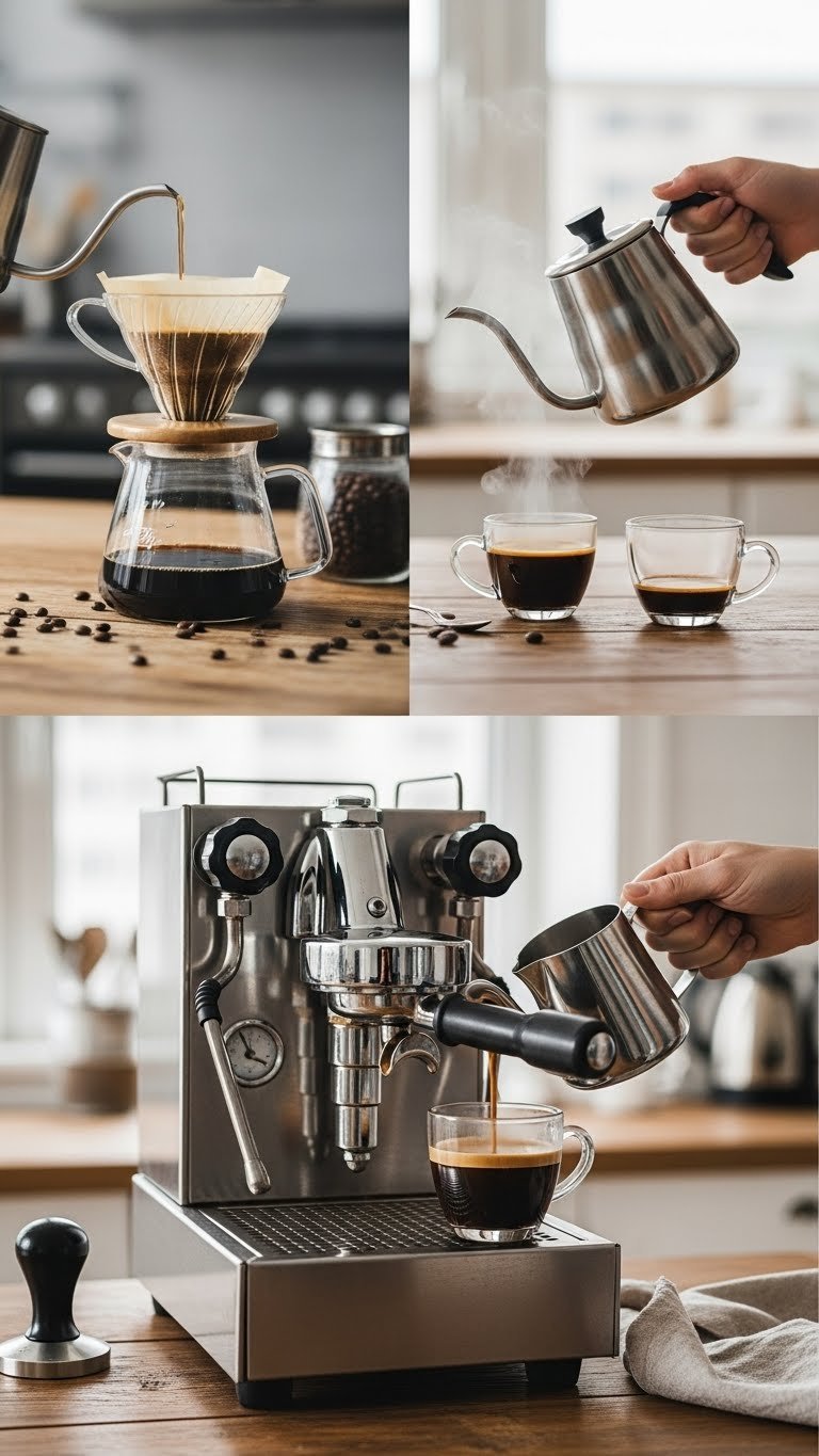 Split screen comparison showing pour-over black coffee brewing and espresso machine extracting americano on rustic wooden table with steam rising