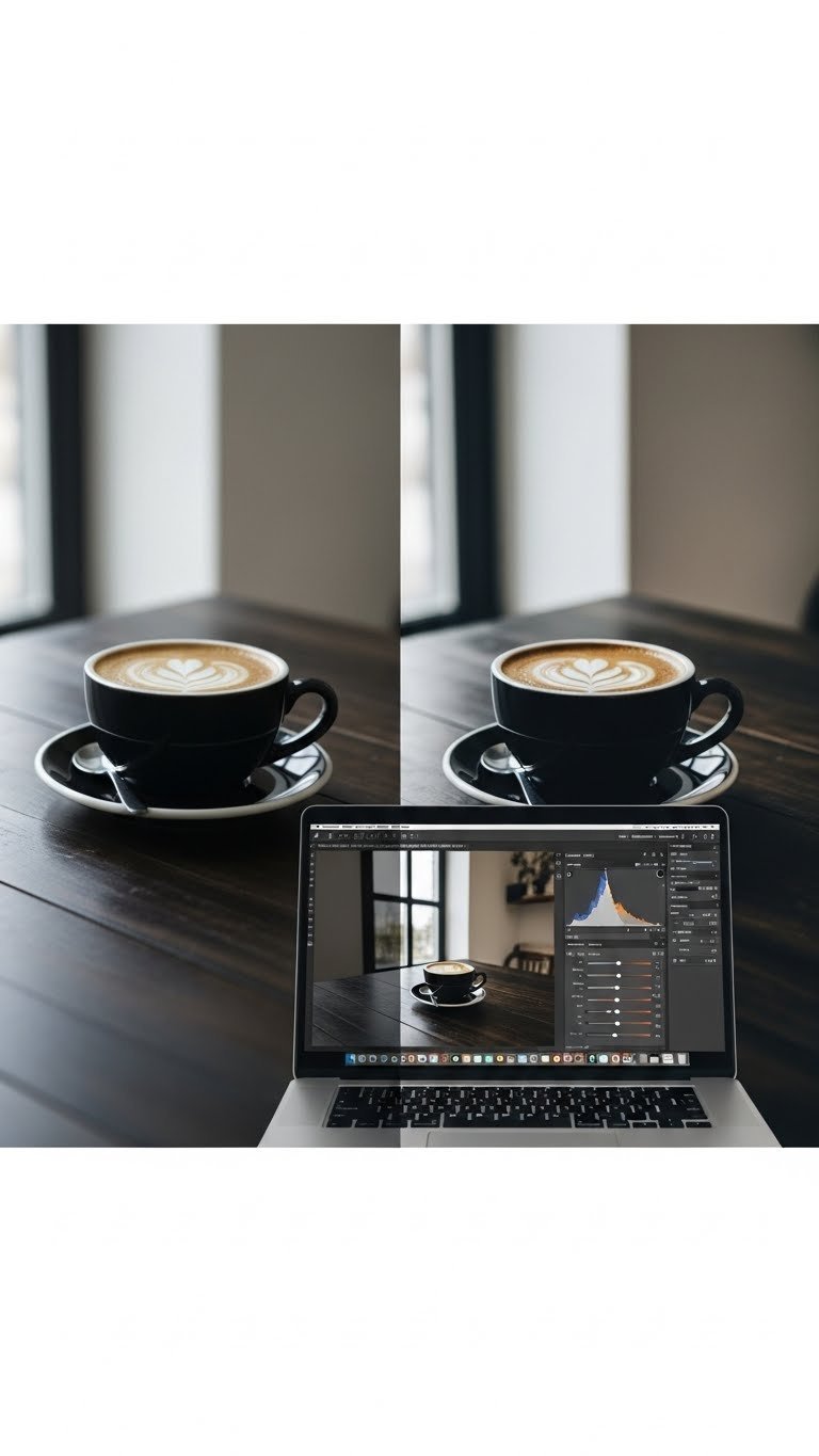 Split-screen comparison showing raw photo and edited moody black coffee aesthetic filter
