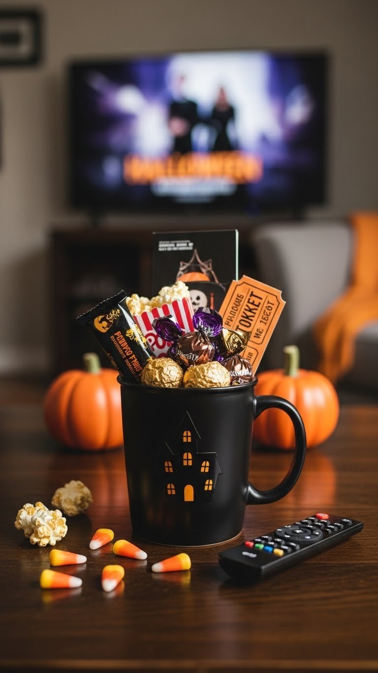 Spooky movie night Halloween coffee mug filled with popcorn bags, chocolates, and movie tickets on dark wooden coffee table