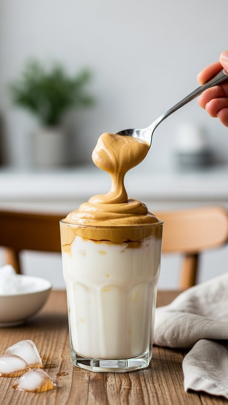 Spoon placing whipped coffee foam onto cold milk in glass creating beautiful layered effect with ice cubes visible