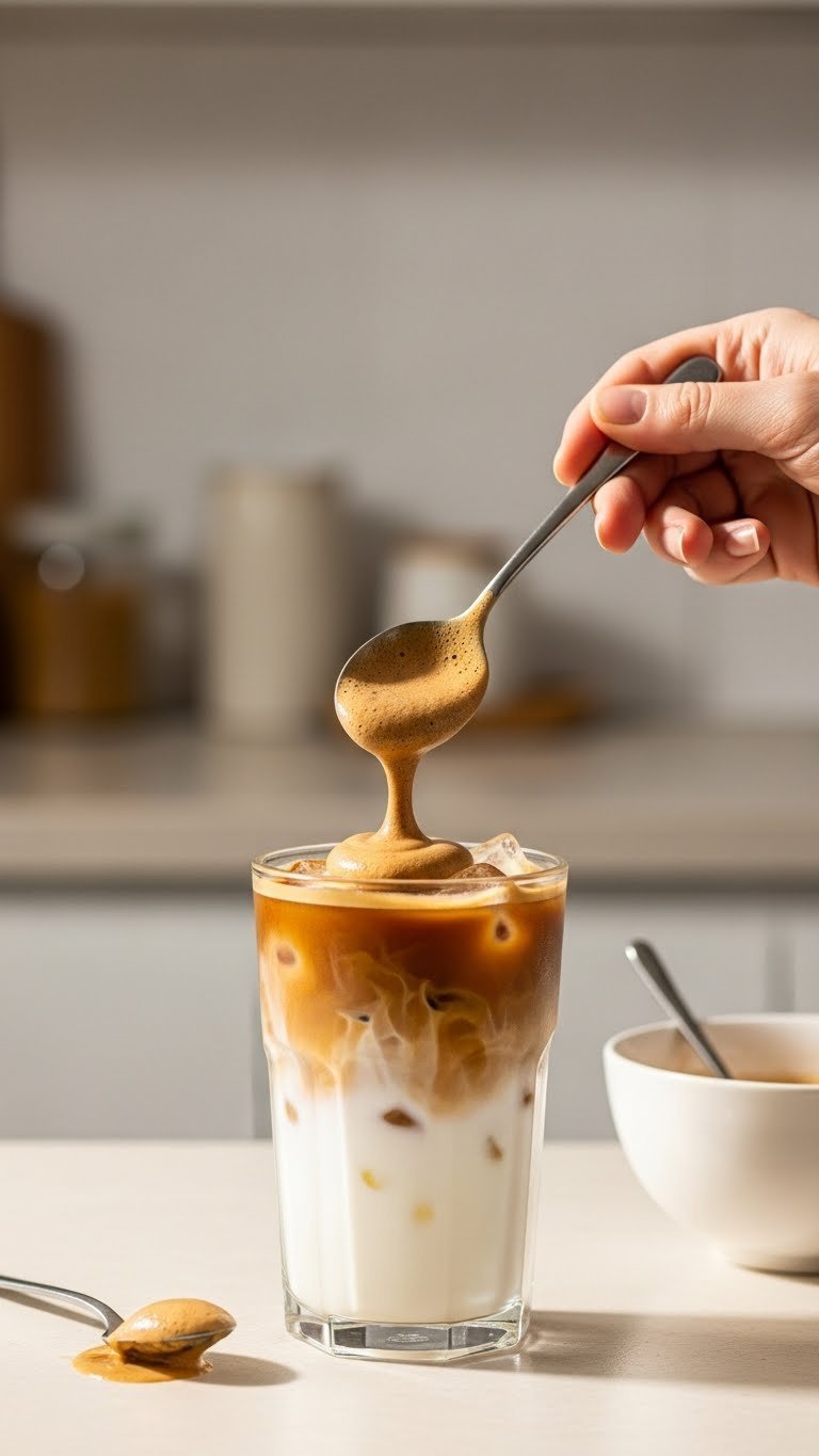 Spoon scooping fluffy Dalgona coffee foam onto milk and ice layers creating distinct separation in clear glass