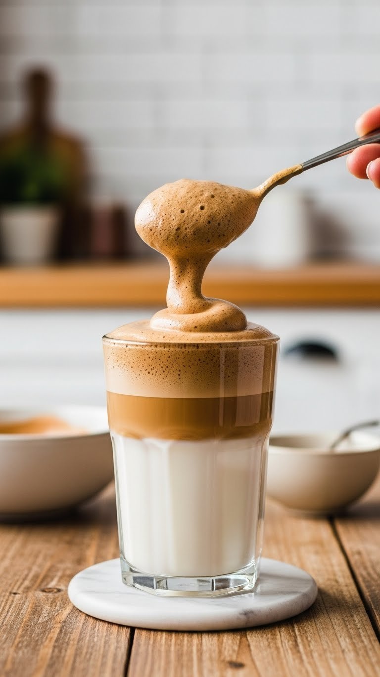 Spoon scooping fluffy brown coffee foam onto white milk showing distinct layer separation