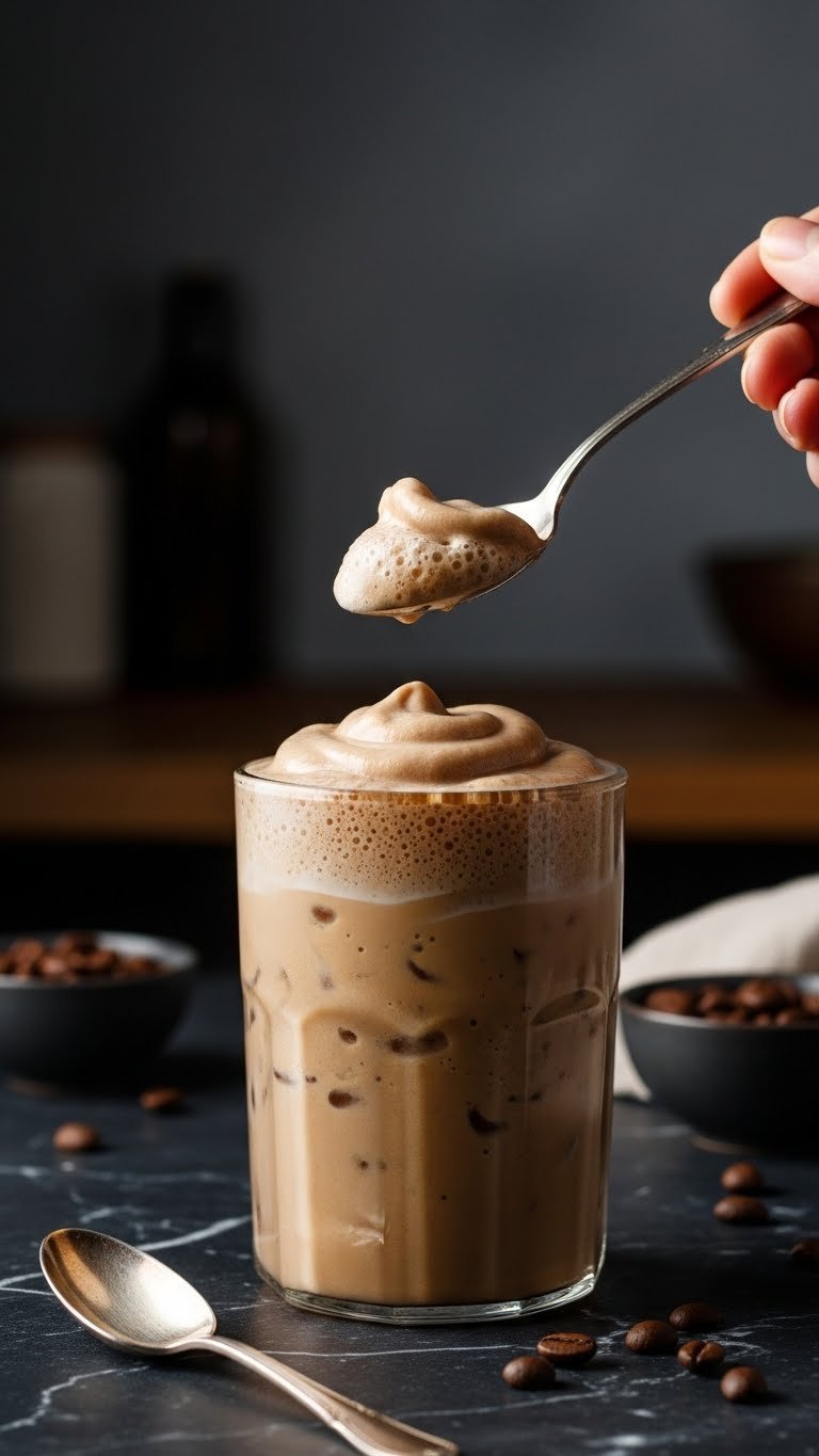 Spoon scooping thick velvety coffee frappe from glass on dark marble countertop with dramatic lighting