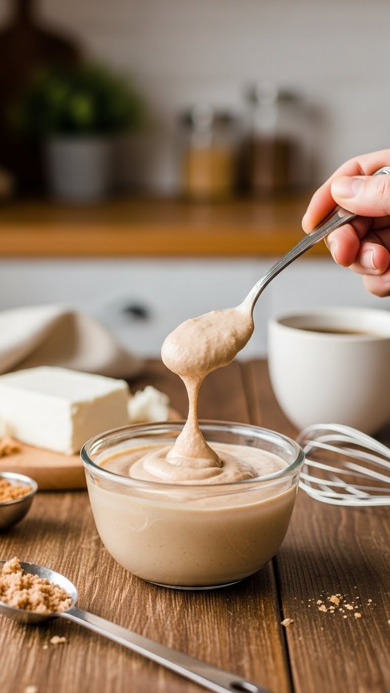 Spoon scooping thick velvety pale brown keto creamer from glass bowl with blurred background