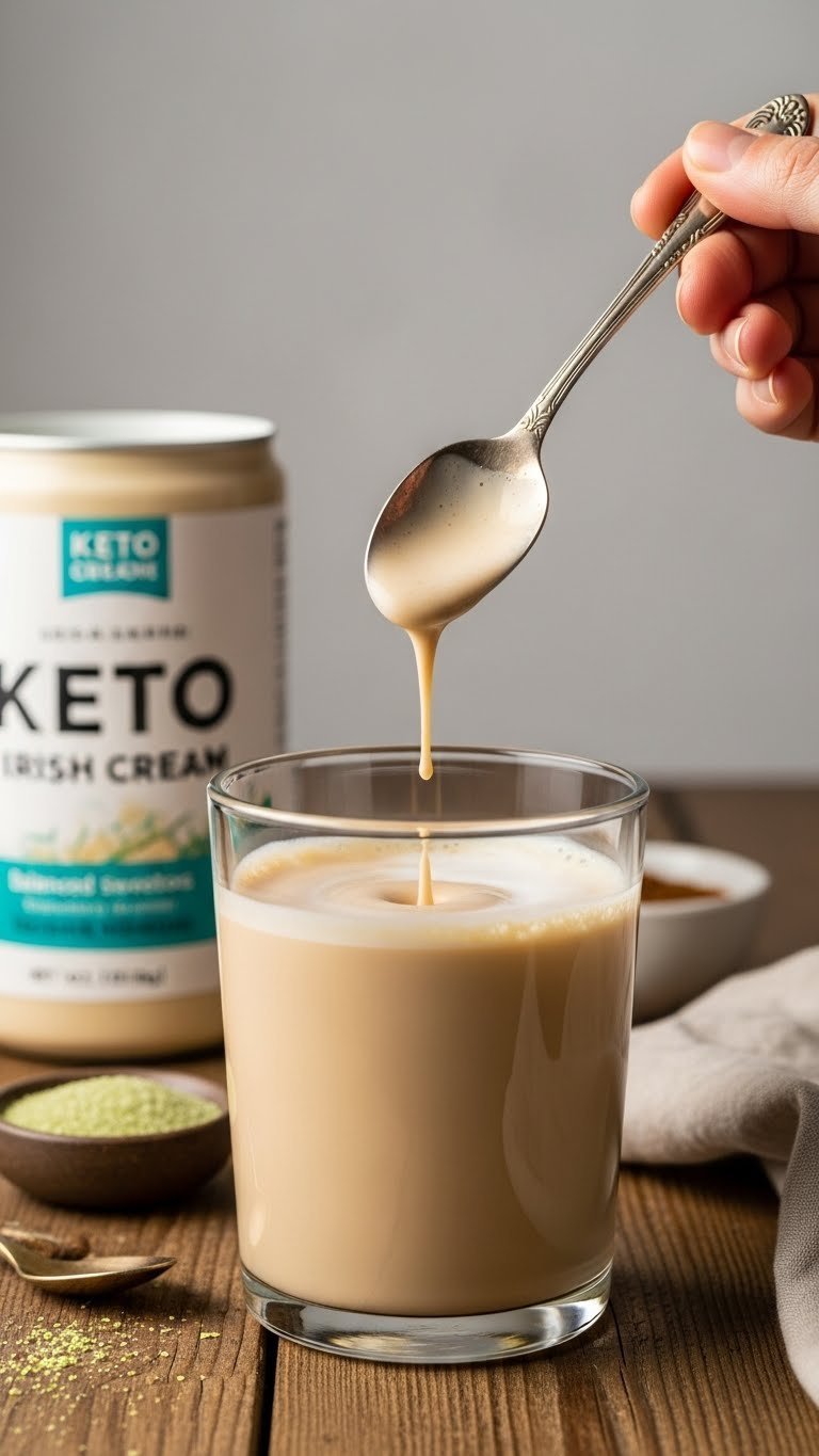Spoon stirring thick keto Irish cream with erythritol and monk fruit sweeteners on wooden table.