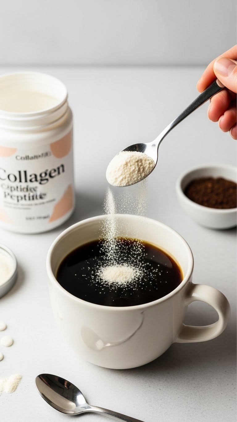Hot Protein Coffee: Ultimate Guide to Smooth & Creamy Proffee 11 Spoonful of white collagen powder dissolving into steaming black coffee in an elegant mug on a light stone surface.