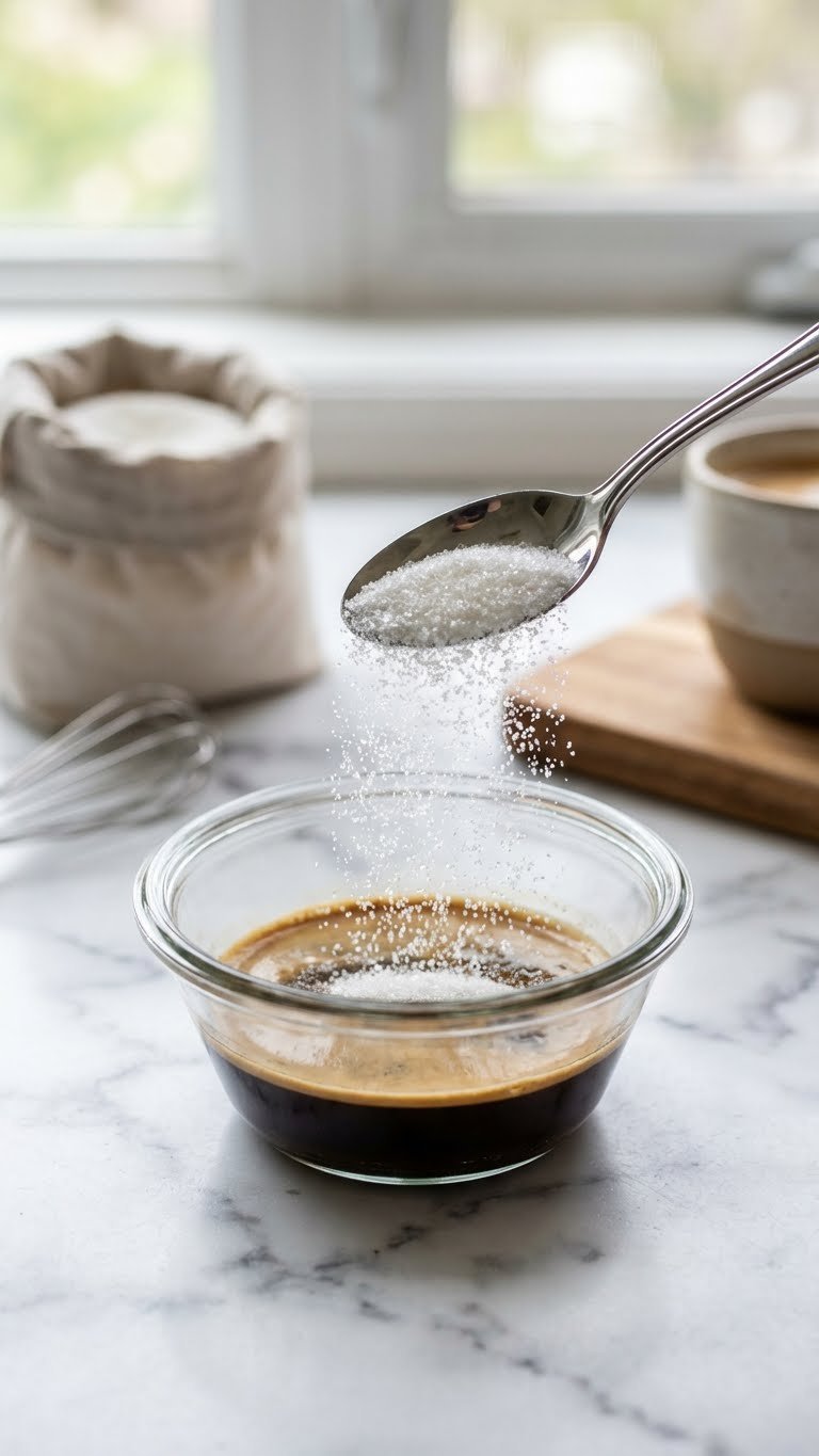 Whipped Coffee With Espresso Easy Creamy Recipe Guide 3 Spoonful of white granulated sugar being added to chilled espresso shot in glass bowl on marble countertop