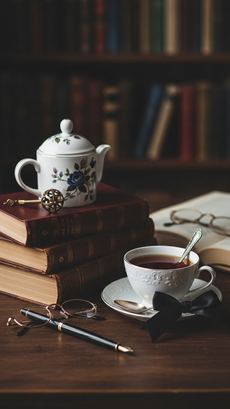 Stack of antique leather-bound books with porcelain teacup and silver spoon on dark wooden surface