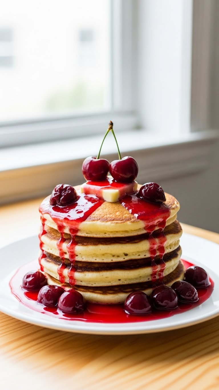 Stack of fluffy golden-brown pancakes with vibrant cherry syrup cascading down sides and fresh cherry garnish
