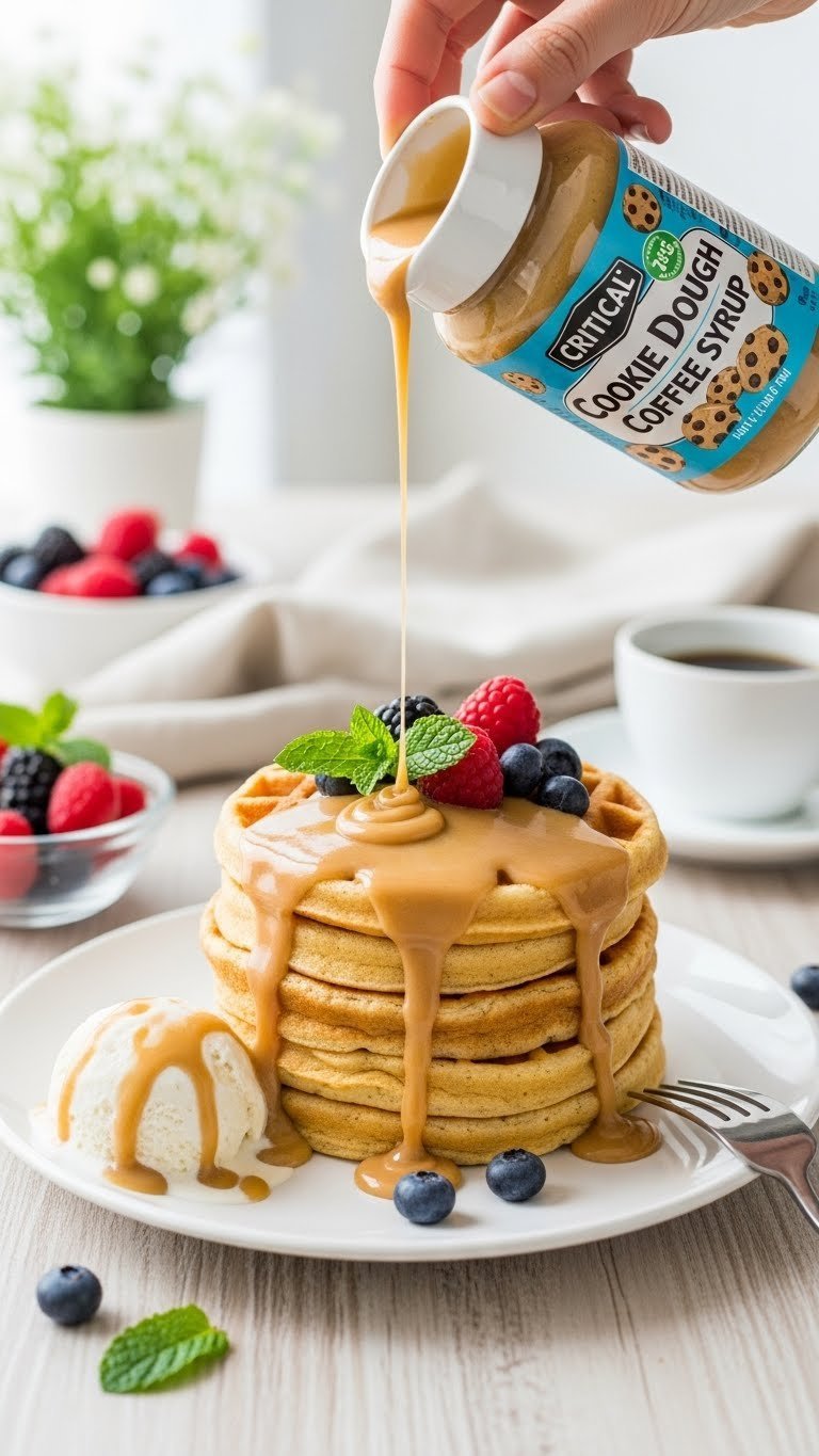 Stack of fluffy pancakes drizzled with golden-brown cookie dough coffee syrup and vanilla ice cream