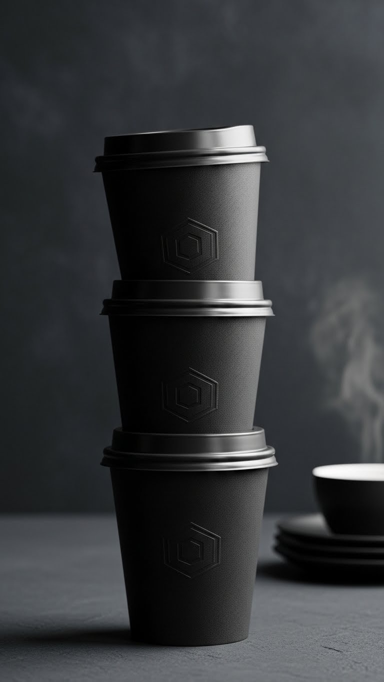 Stack of identical matte black coffee cups arranged symmetrically on dark slate background
