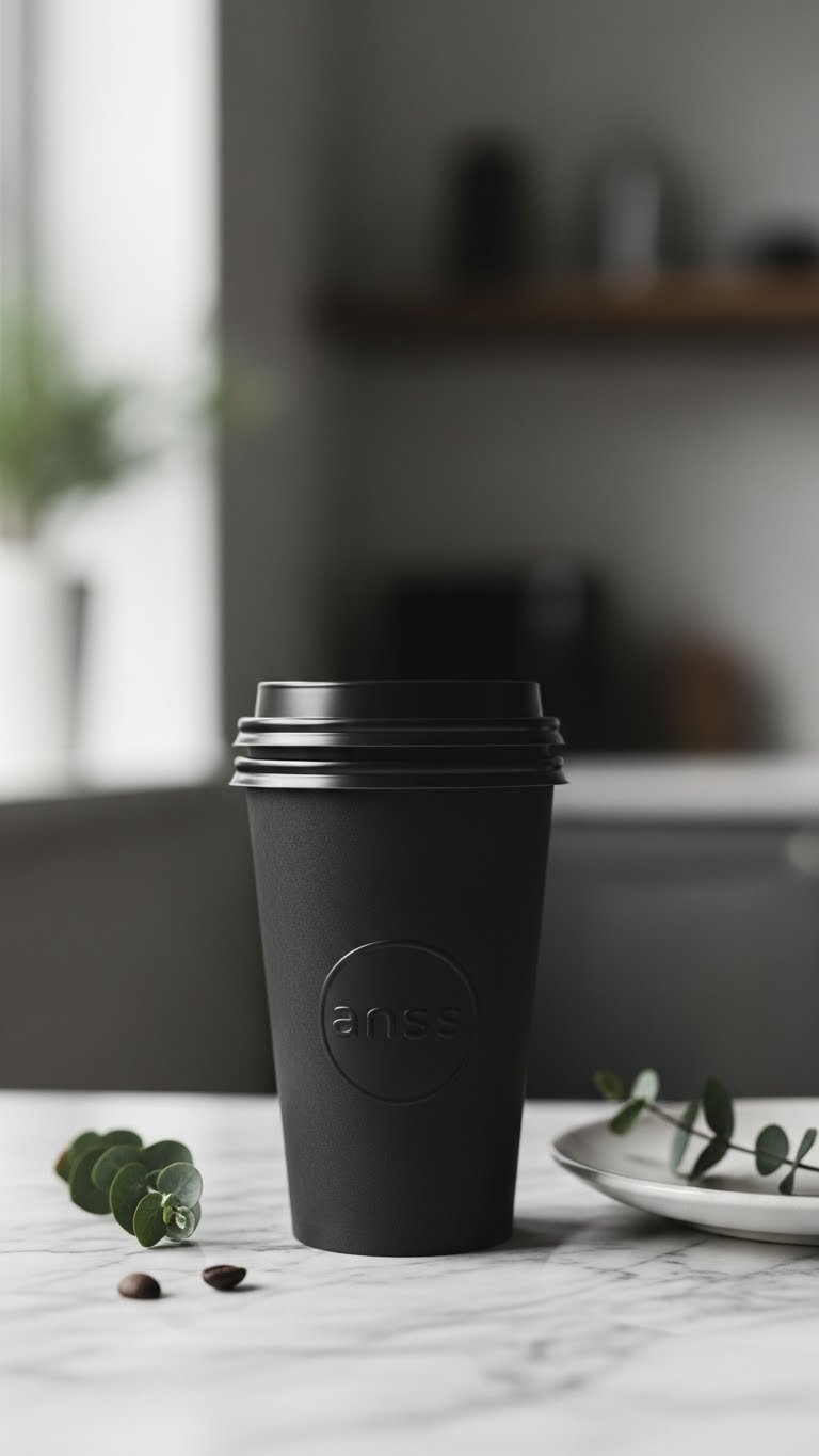 Stack of minimalist matte black paper coffee cups on marble countertop with soft natural lighting and bokeh background