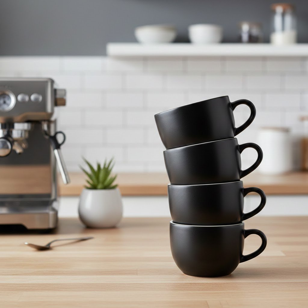 Stackable black ceramic coffee cup set arranged neatly on minimalist wooden kitchen counter