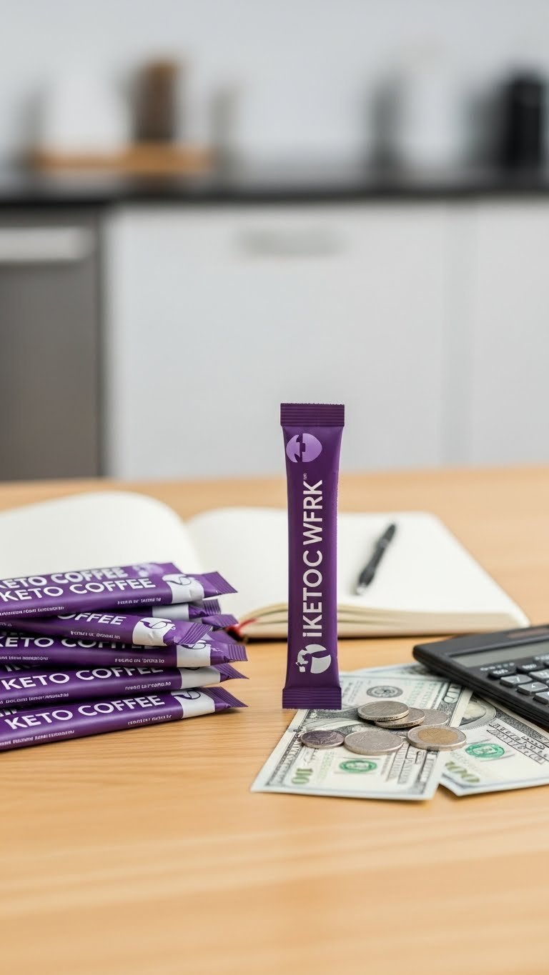 Stacked keto coffee sachets next to scattered dollar bills on wooden table