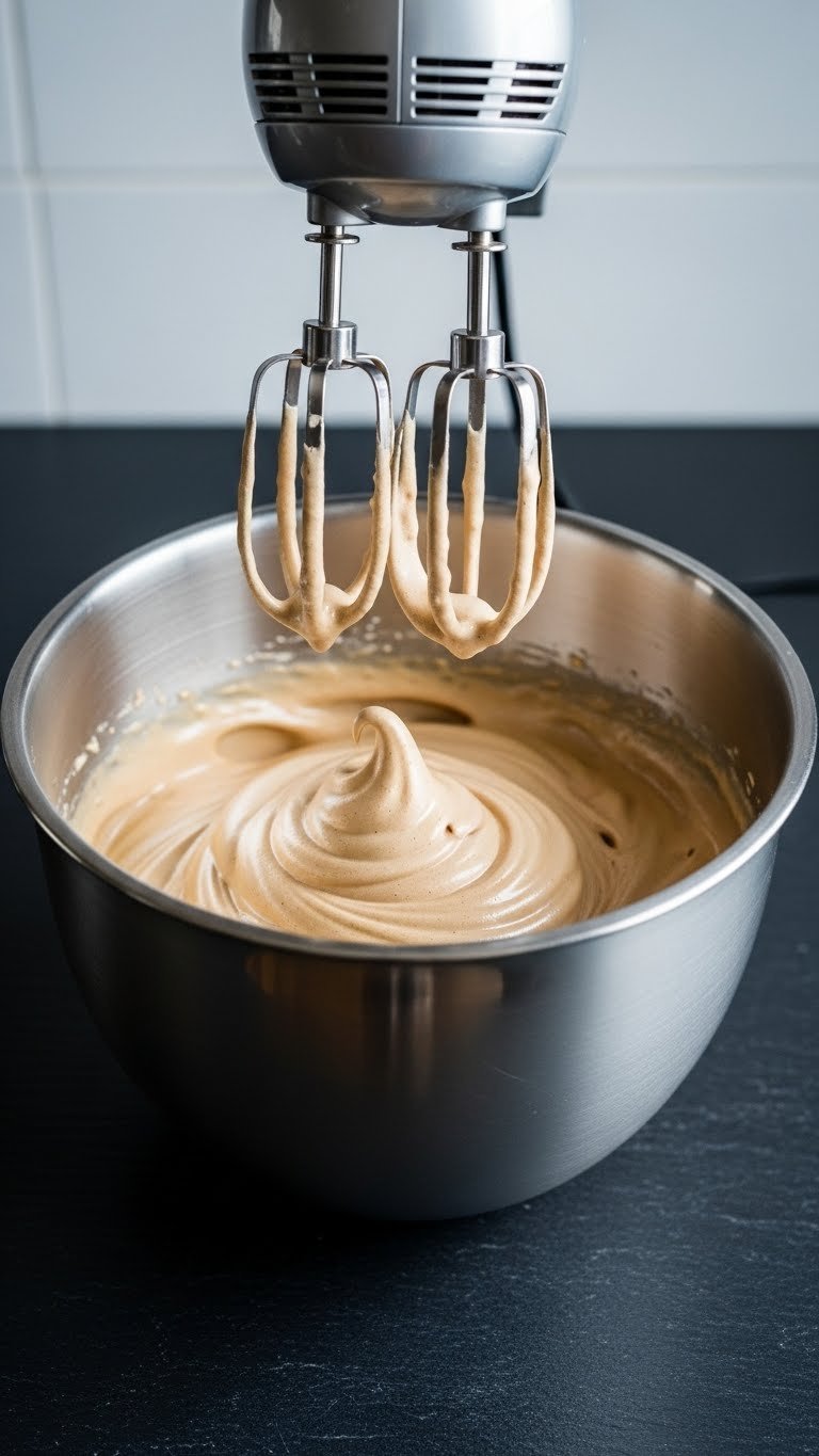 Whipped Coffee With Oat Milk Easy Vegan Recipe That Always Works 7 Stainless steel bowl filled with fluffy whipped coffee foam showing stiff peaks with electric mixer.