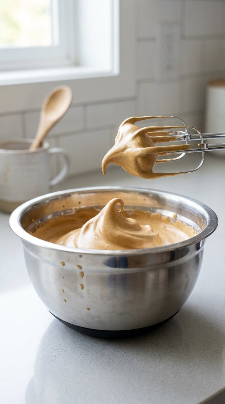 Vegan Whipped Coffee Recipe for Fluffy Dairy Free Perfection 5 Stainless steel mixing bowl filled with fluffy whipped coffee foam holding stiff peak on electric mixer beaters