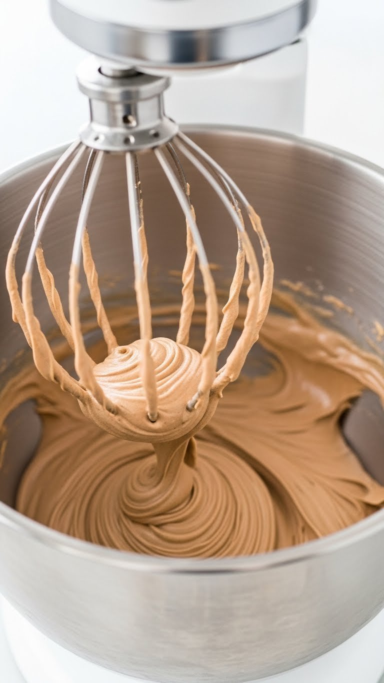 Whipped Coffee Ganache Recipe With Perfect Pipeable Texture 11 Stand mixer bowl whipping chilled coffee ganache with whisk attachment showing fluffy texture