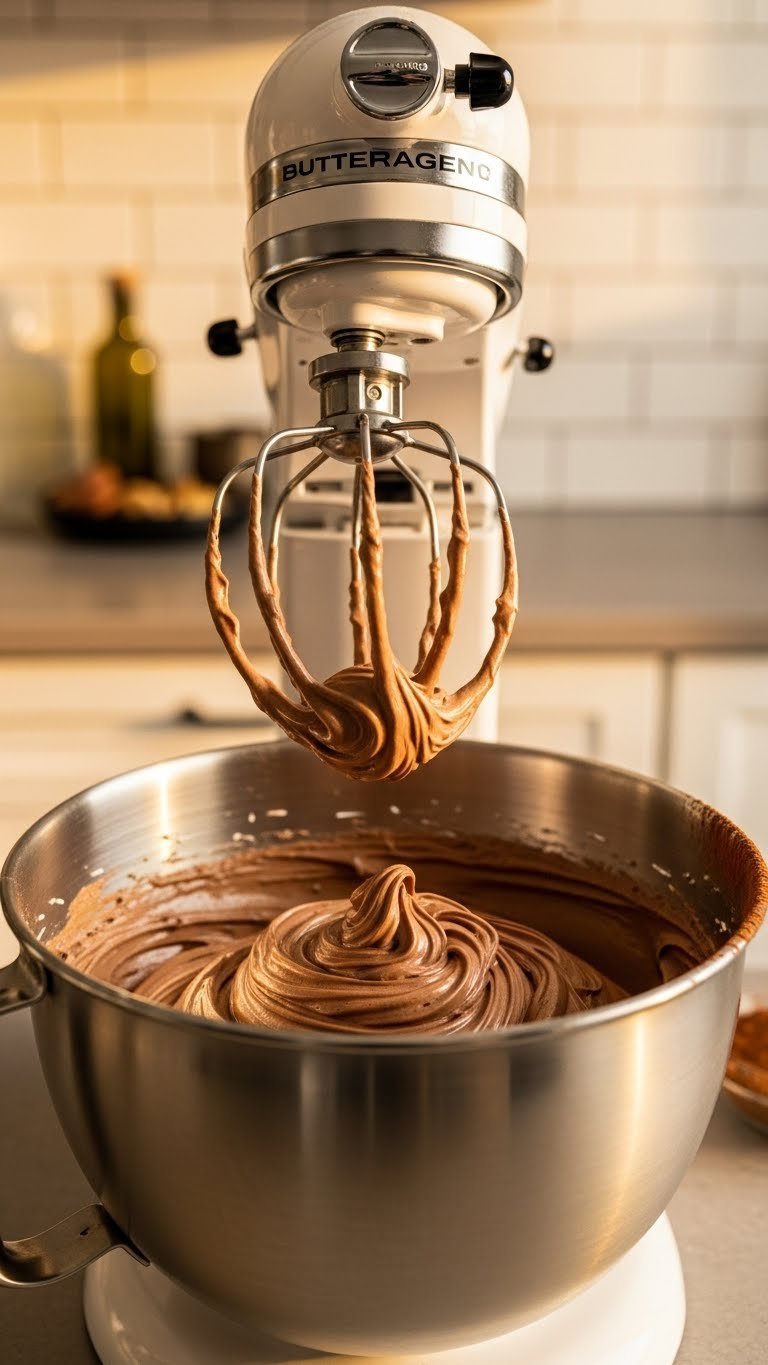 Whipped Coffee Buttercream Complete Guide Easy Light Fluffy Frosting 5 Stand mixer whipping rich dark mocha buttercream in stainless steel bowl with cocoa powder dusting in warm kitchen setting.