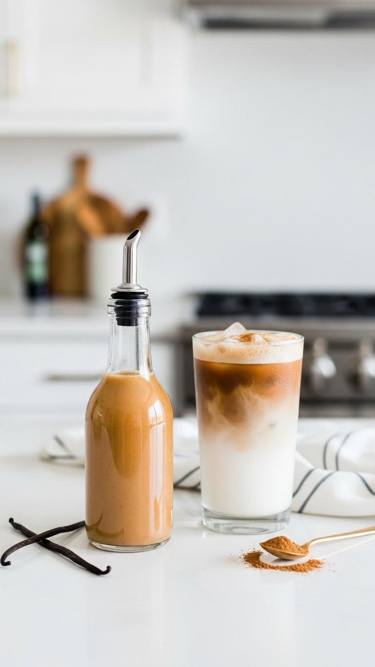 Starbucks-inspired cinnamon dolce syrup bottle next to iced coffee with vanilla bean flecks suspended.