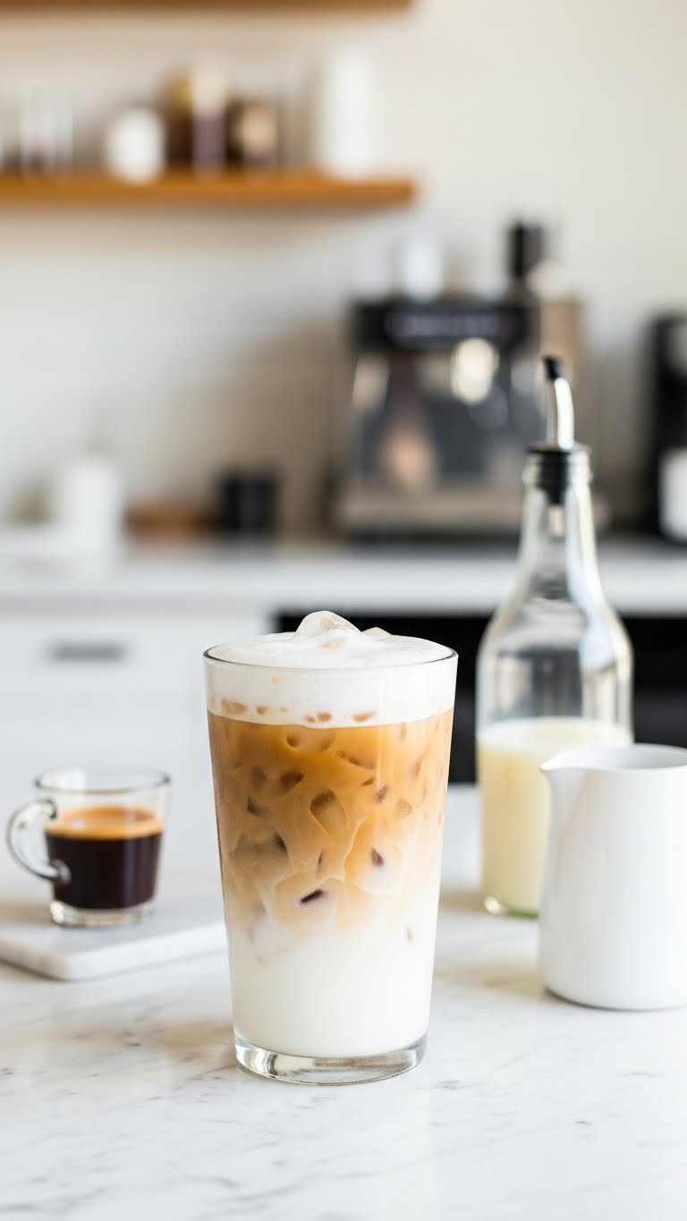 Starbucks-style iced vanilla latte with layered espresso, milk, and thick cold foam in clear cup on white marble countertop