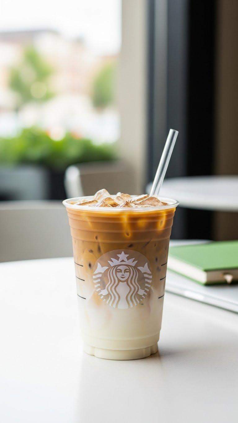 Starbucks-style keto iced vanilla latte in clear plastic cup with reusable straw on white table