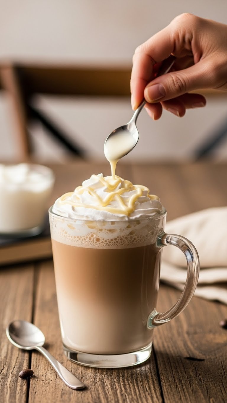 Starbucks-style white chocolate mocha with whipped cream in glass mug on rustic wooden table