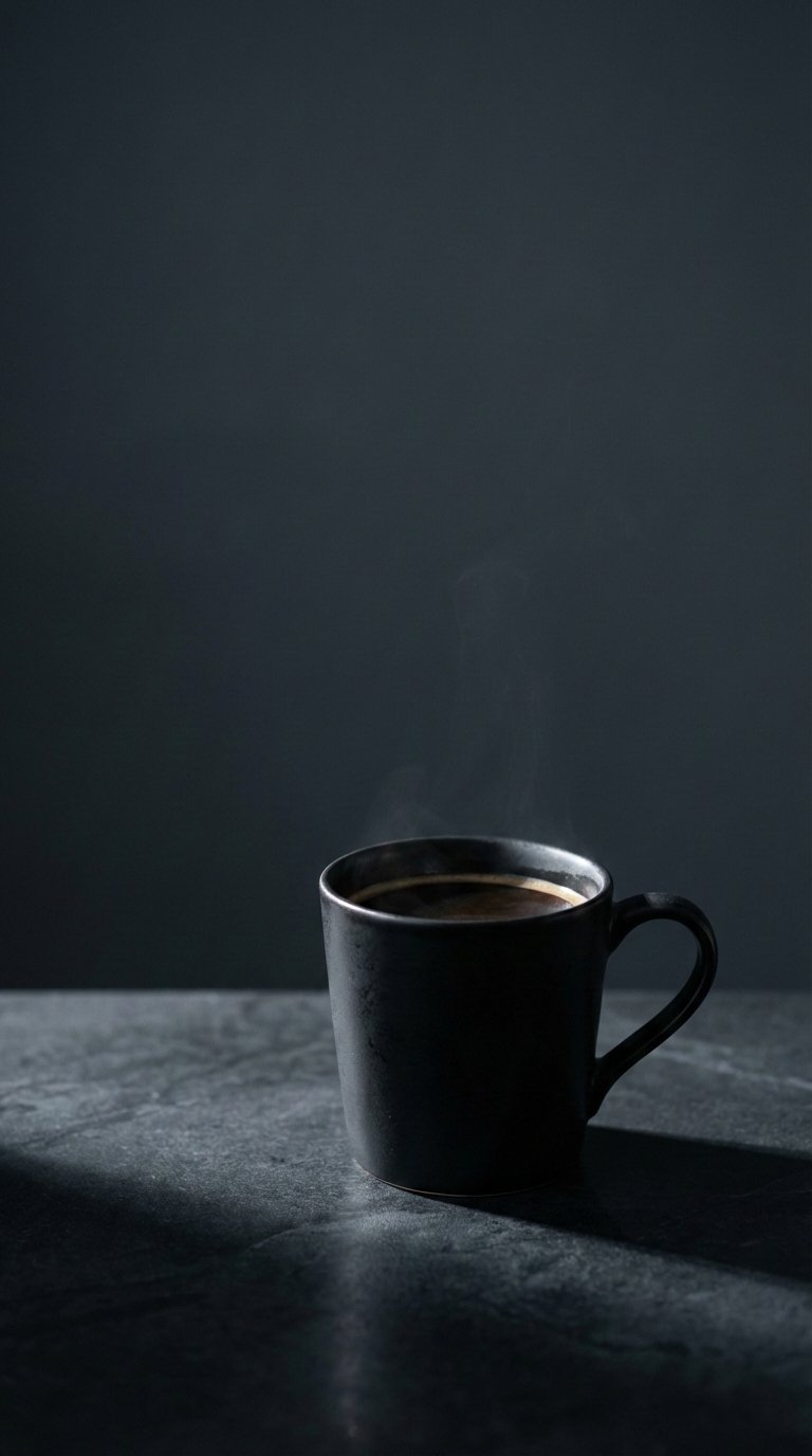 Starkly lit black coffee cup isolated against expansive dark background emphasizing minimalist dramatic shadows