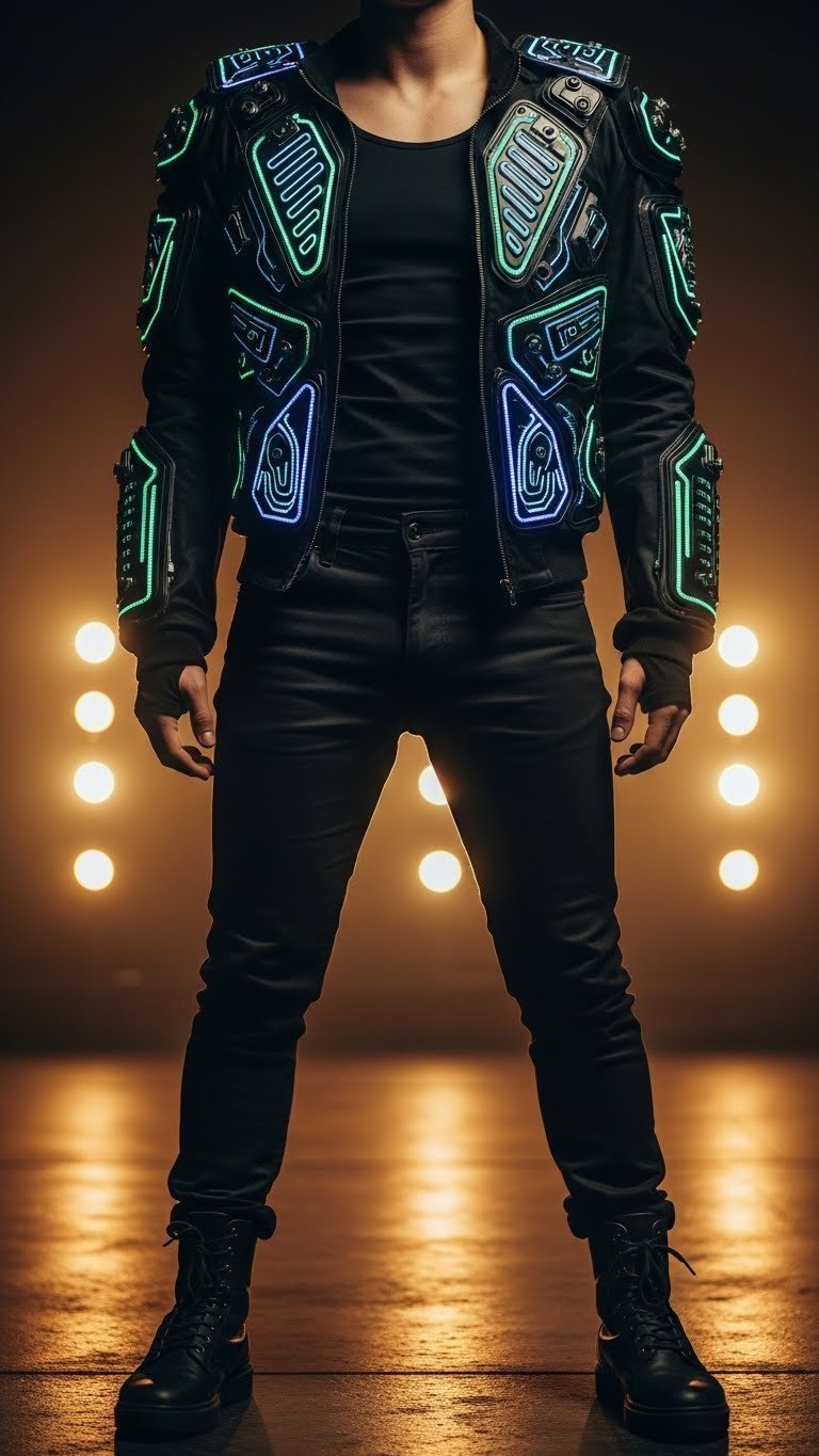 Statement piece focus outfit featuring LED-embellished jacket over simple black base with dramatic lighting in club environment