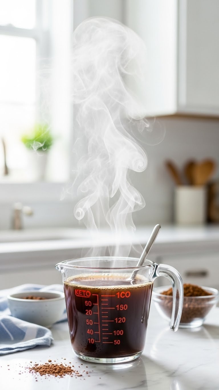 Steam rising from clear glass measuring cup filled with hot water for keto dalgona coffee preparation