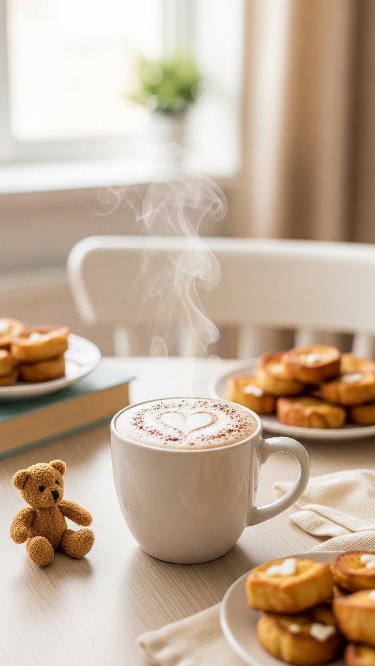 Steaming French Toast Steamer in cheerful ceramic mug with foam heart on light wooden table