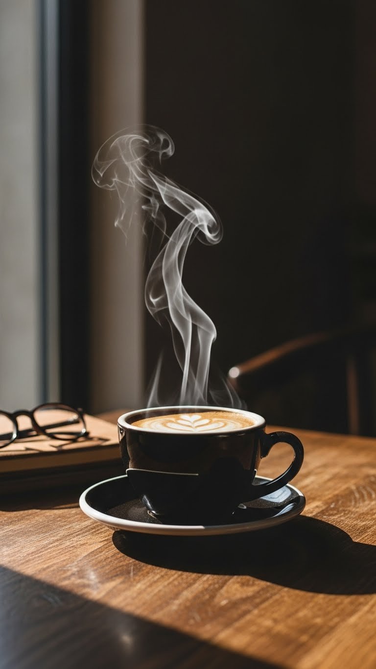 Steaming black coffee cup casting dramatic shadow on rustic wooden table in cozy cafe setting