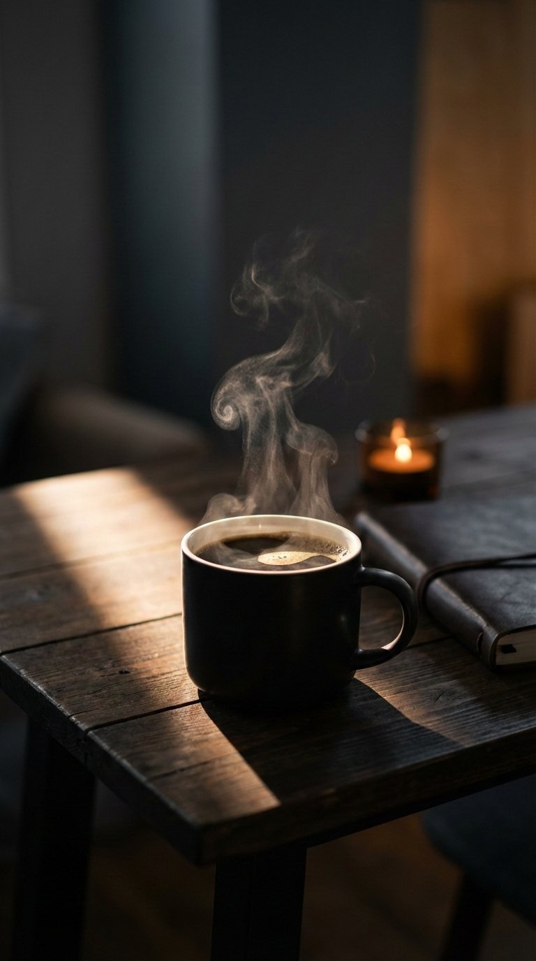 Steaming black coffee cup with dramatic lighting on rustic wooden table featuring candle and leather journal in moody dark aesthetic