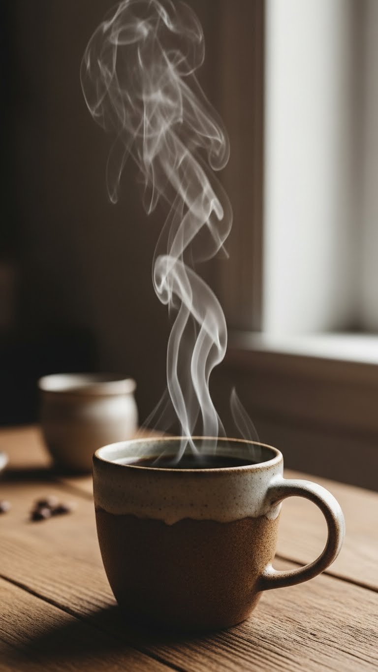 Black Coffee Rain Aesthetic: 11 Elements for Perfect Mood 3 Steaming black coffee in a rustic ceramic mug on a rough wooden surface with visible steam rising gently