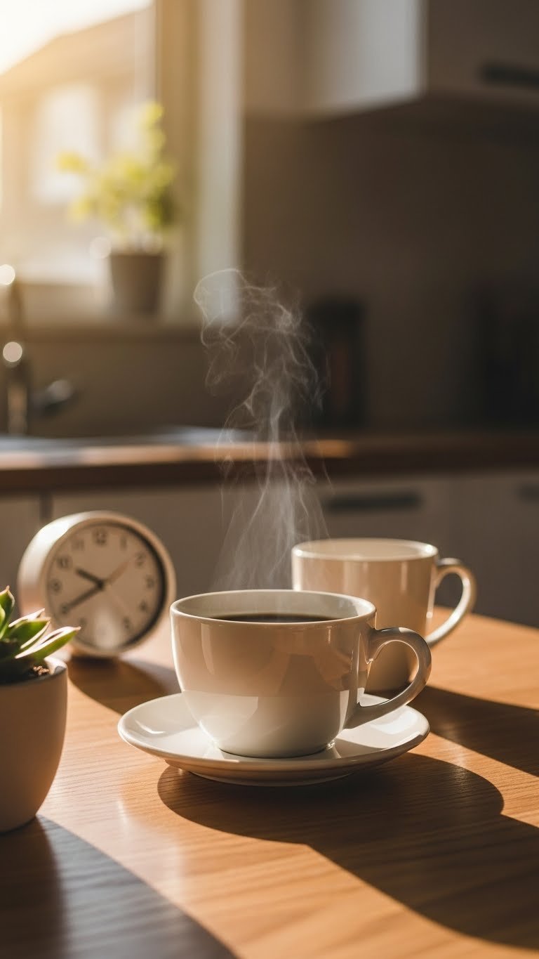 Steaming black coffee in ceramic mug on minimalist wooden table with soft morning sunlight and blurred kitchen background