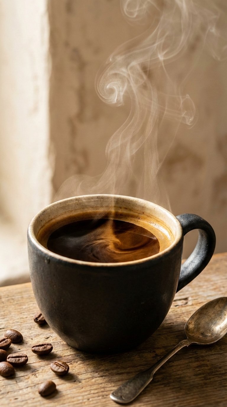 Steaming black coffee in dark ceramic mug with coffee beans scattered on rustic wooden table in soft natural light